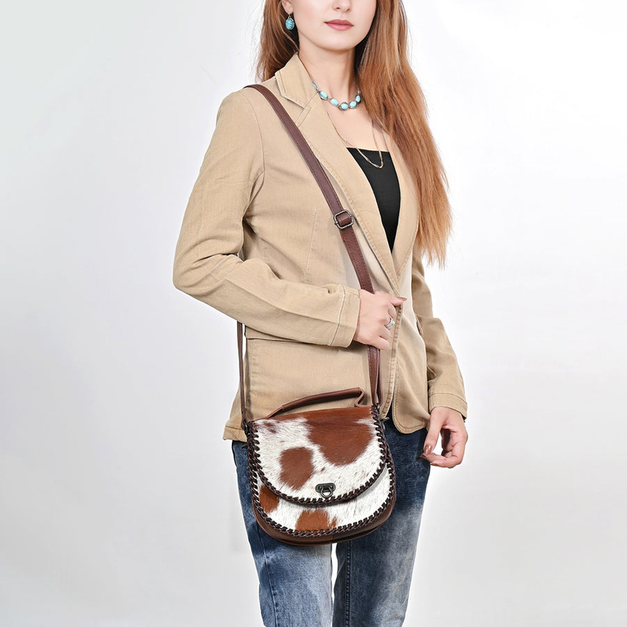 American Darling Hair-On Cowhide Genuine Leather Western Crossbody Bag with Adjustable Strap 7in (H) X 12in (W) X 2in (D)
