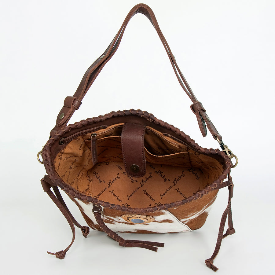 American Darling Bucket Bag, Genuine Vegetable-Tanned Leather, Braided Trim with Tassels & Turquoise, Western Handbag