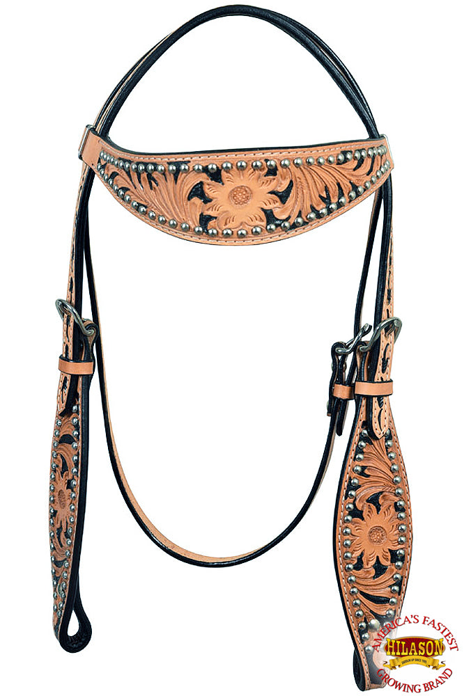 HILASON Western Horse Headstall Genuine American Leather Floral Tan