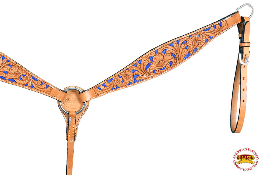 HILASON Western Genuine Leather Horse Headstall Breast Collar Tack Tan w/ Blue Inlay