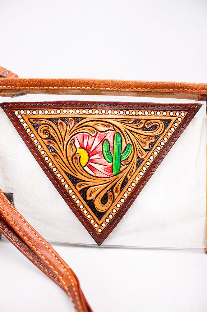 American Darling Clear Bag Western Hand-Tooled Genuine Leather Crossbody with Fringes and Floral Carved Panel