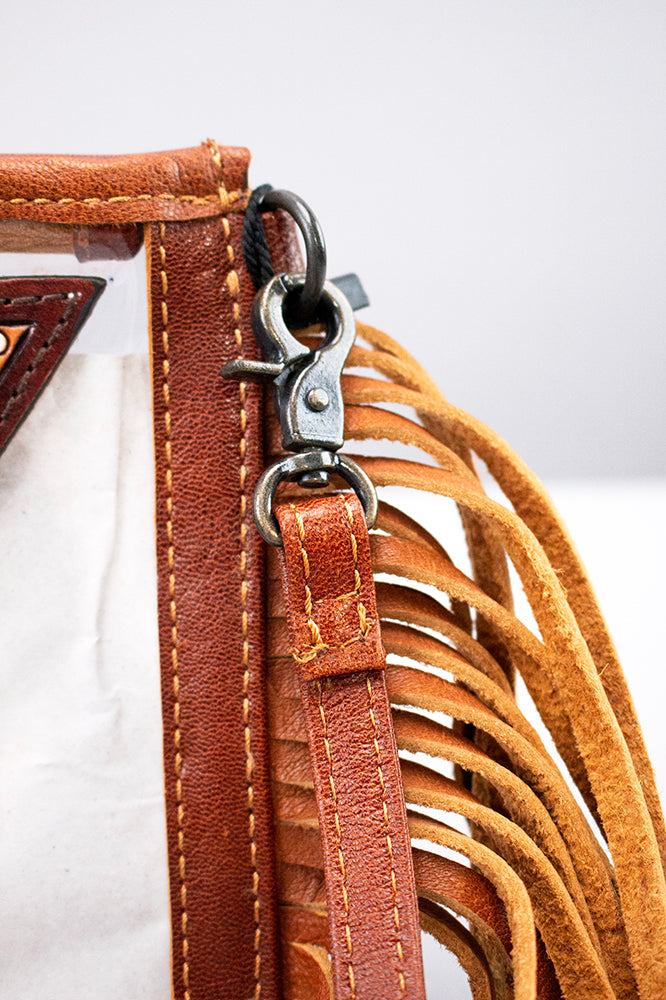 American Darling Clear Bag Western Hand-Tooled Genuine Leather Crossbody with Fringes and Floral Carved Panel
