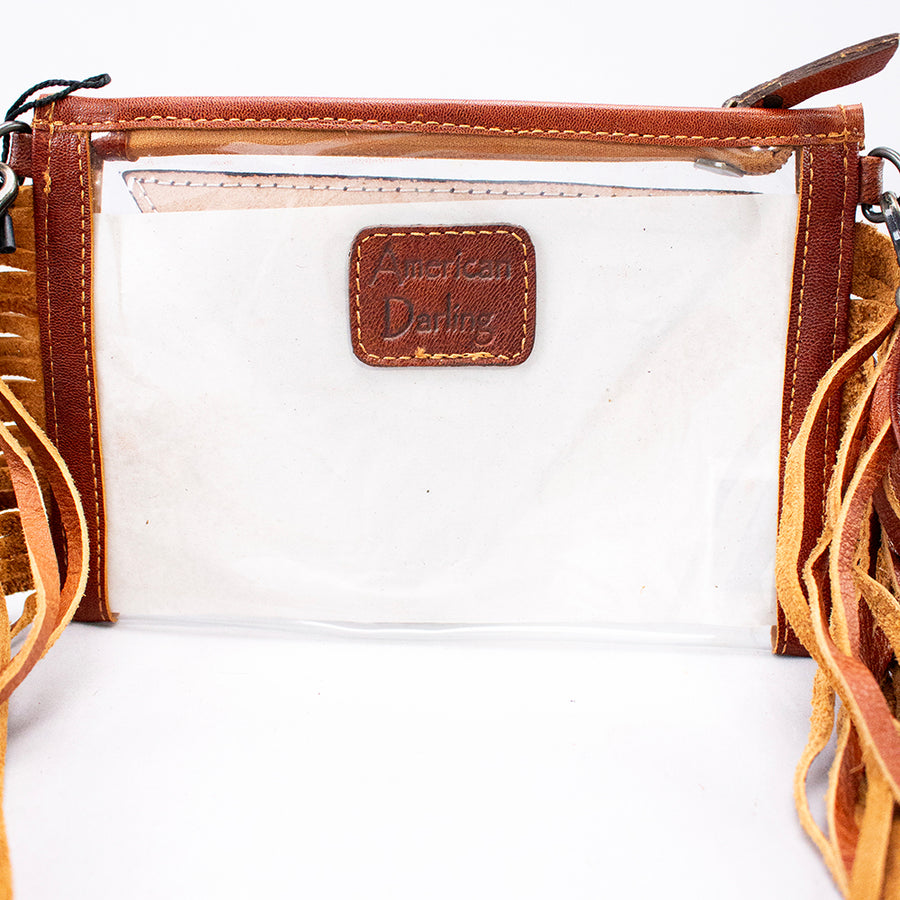 American Darling Clear Bag Western Hand-Tooled Genuine Leather Crossbody with Fringes and Floral Carved Panel