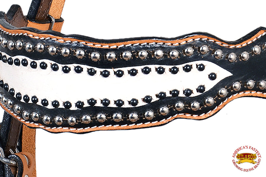 HILASON Western Horse Headstall Tack Genuine American Leather Tan W/ Black & White