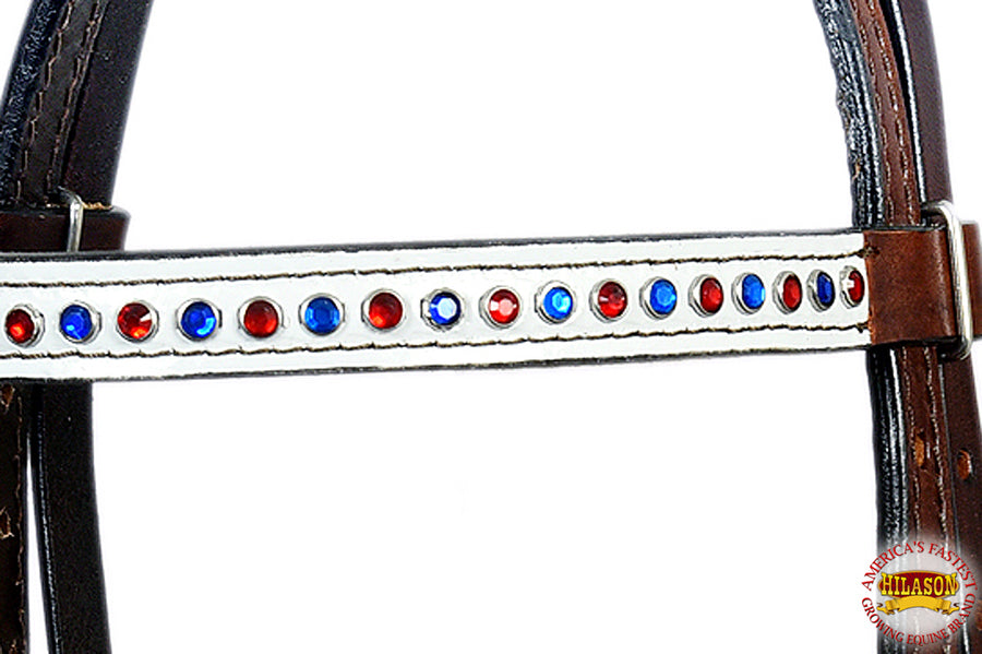 HILASON Western Horse Headstall Tack Genuine American Leather Dark Brown W/ Red & Blue Studded Rhinestones