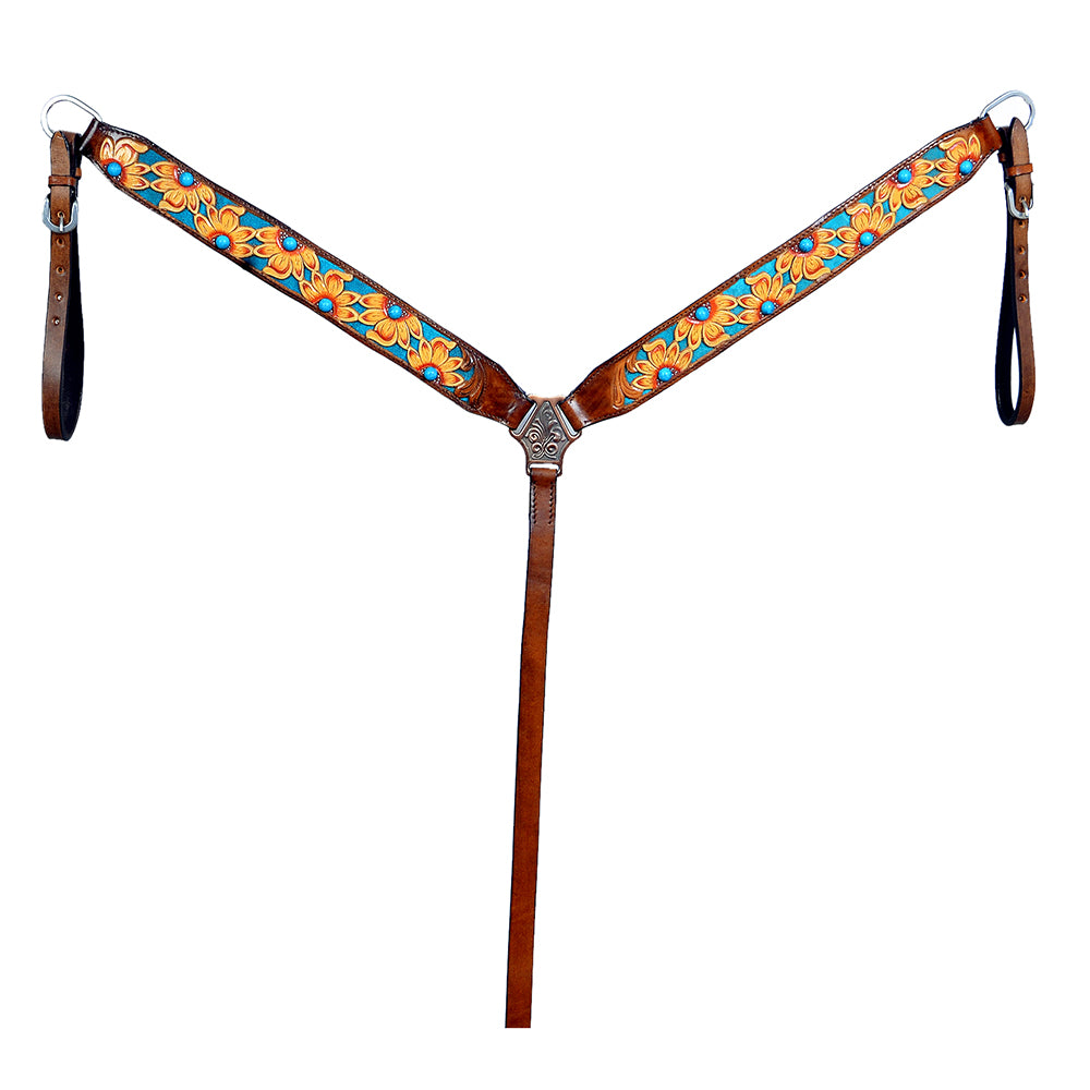 HILASON Western Horse Leather Headstall & Breast Collar Set Brown Sunflower