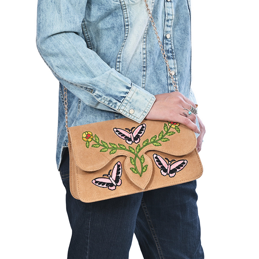 American Darling Cross body Bag for Women, Embroidered Genuine Suede Leather with Longhorn Design, Western Purse with Chain Strap