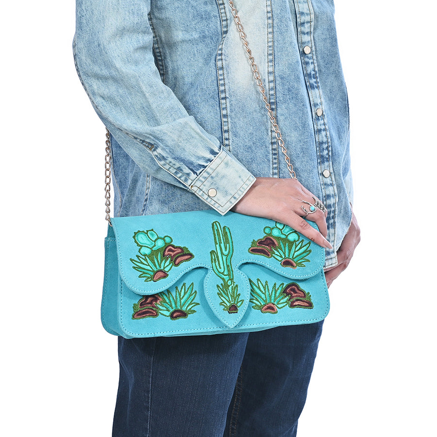 American Darling Cross body Bag for Women, Embroidered Genuine Suede Leather with Longhorn Design, Western Purse with Chain Strap