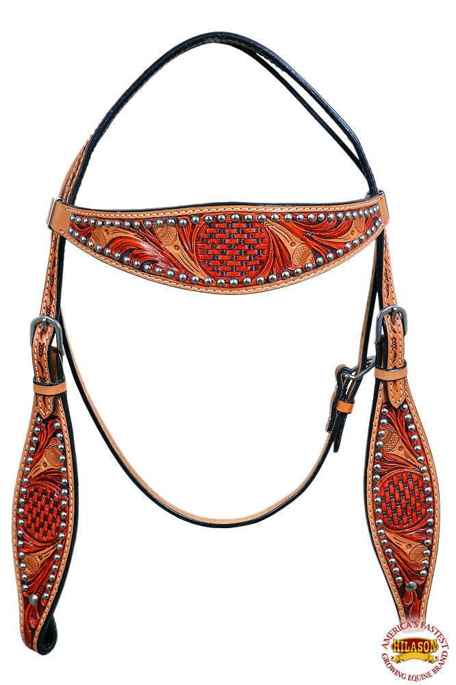 HILASON Western Horse Headstall Tack Genuine American Leather Tan w/ Rivets