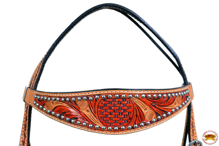 HILASON Western Horse Headstall Tack Genuine American Leather Tan w/ Rivets