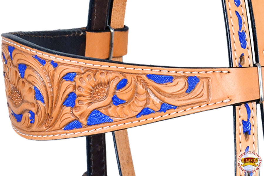 HILASON Western Genuine Leather Horse Headstall Breast Collar Tack Tan w/ Blue Inlay