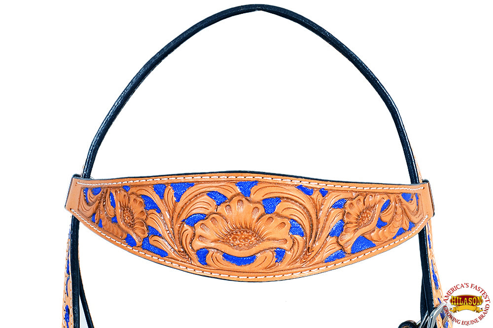 HILASON Western Genuine Leather Horse Headstall Tack Tan with Blue Inlay