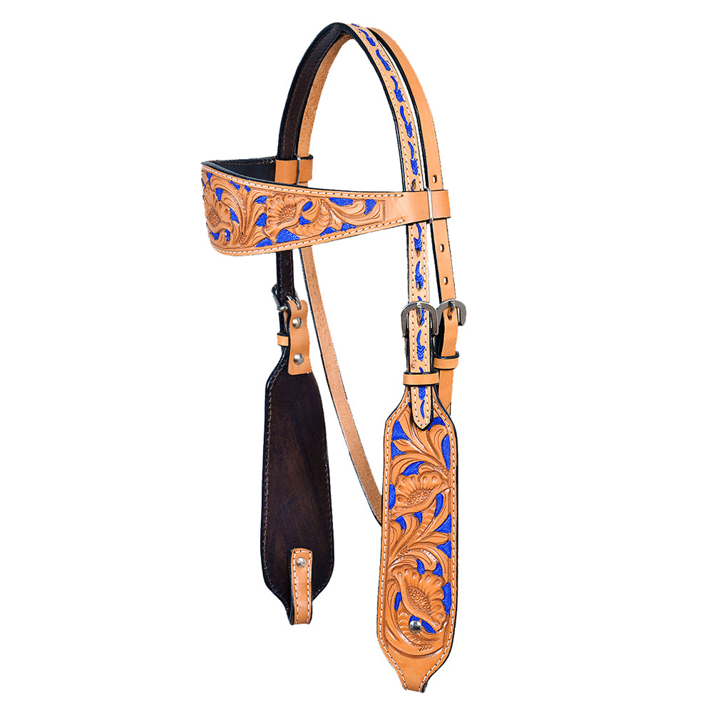 HILASON Western Genuine Leather Horse Headstall Tack Tan with Blue Inlay
