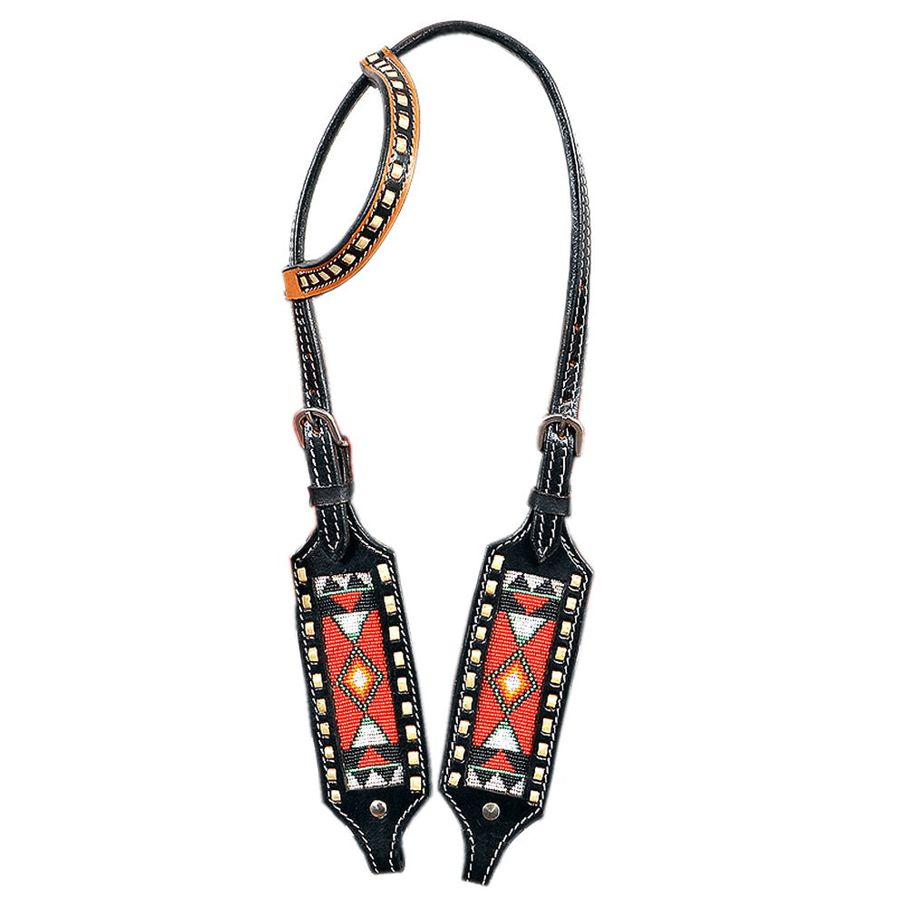 HILASON Western Genuine Leather Horse One Ear Headstall Tack Black Beaded