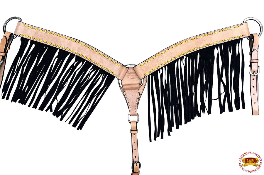 HILASON Western Horse Headstall Breast Collar Genuine Leather Tan With Black Fringes