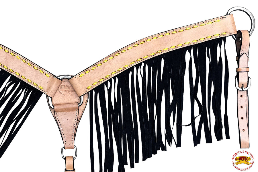 HILASON Western Horse Headstall Breast Collar Genuine Leather Tan With Black Fringes