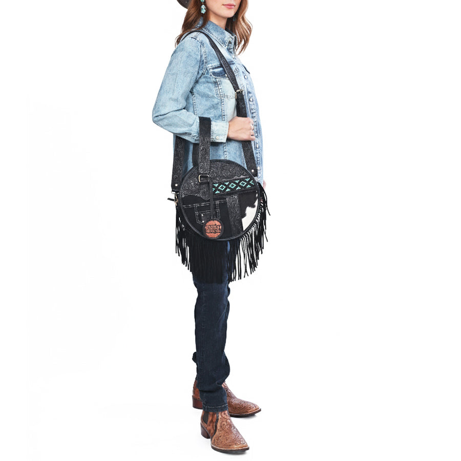 AMERICAN DARLING Tooled Leather Canteen Bag Fringe Turquoise Beading
