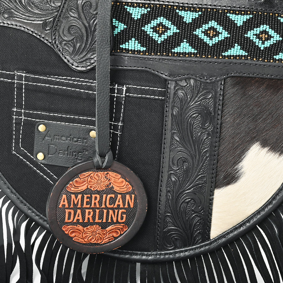 AMERICAN DARLING Tooled Leather Canteen Bag Fringe Turquoise Beading