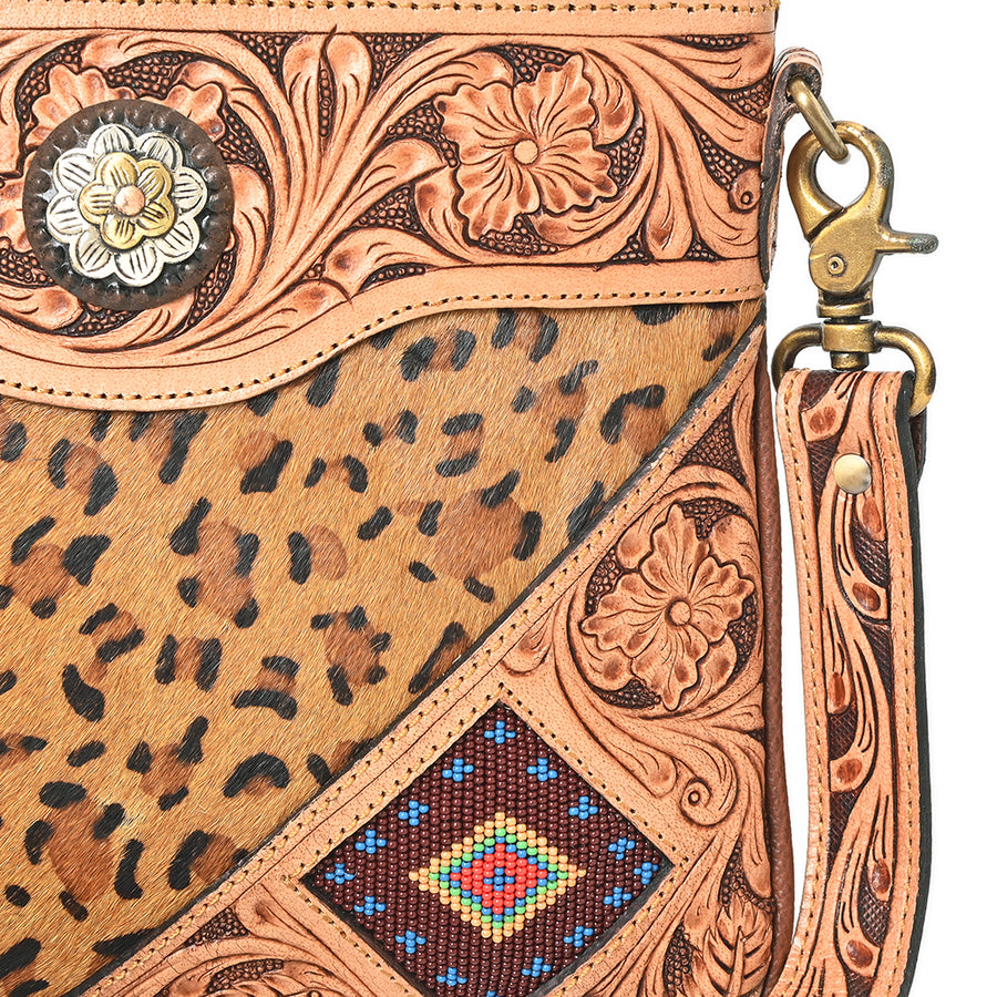 American Darling Cross body Bag for Women, Hand Tooled Floral Leather & Cowhide, Western Purse with Tassels & Concho