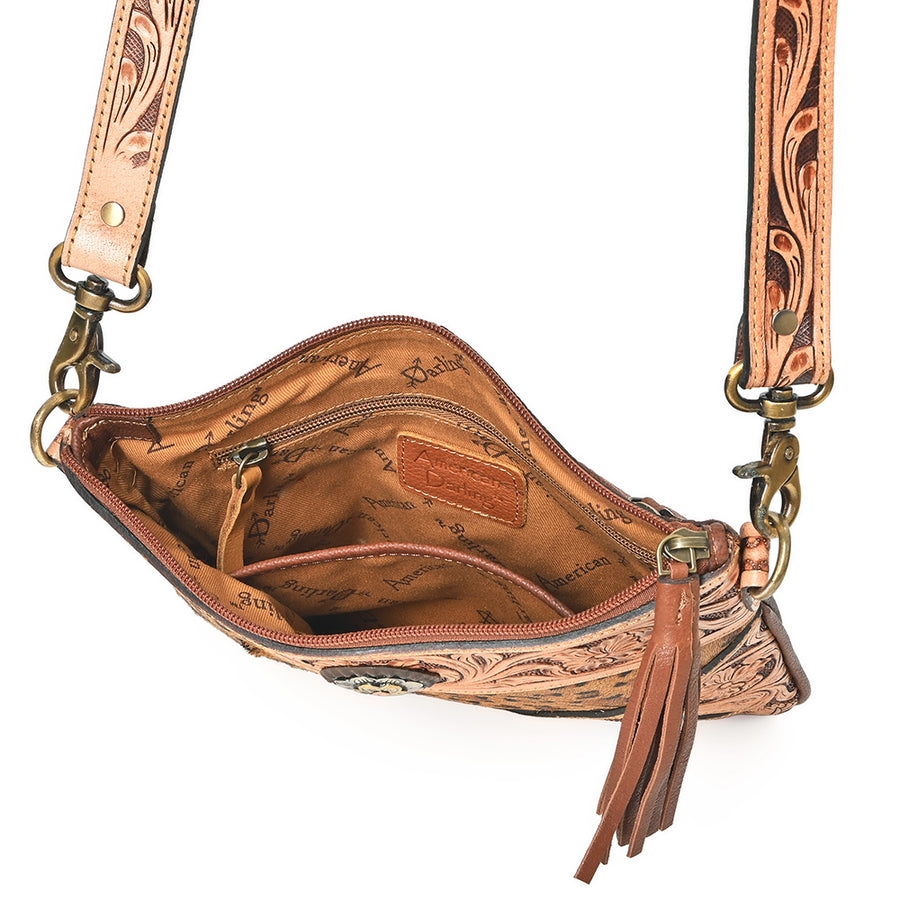 American Darling Cross body Bag for Women, Hand Tooled Floral Leather & Cowhide, Western Purse with Tassels & Concho