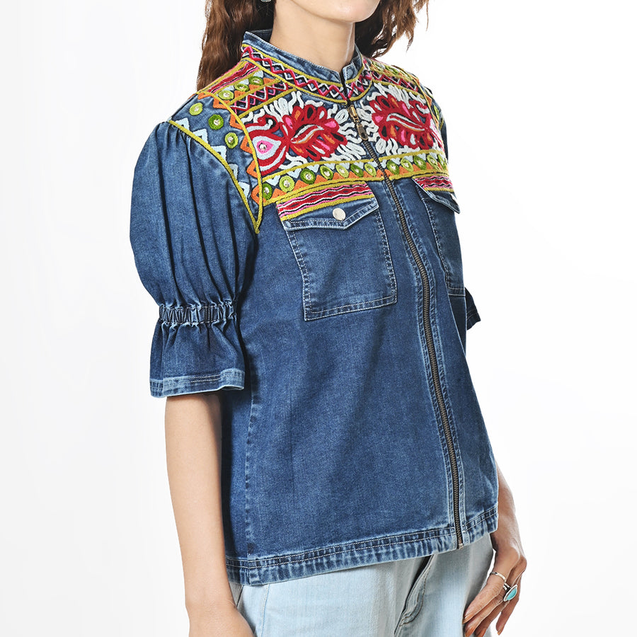 American Darling Women's Embroidered Denim Jacket Boho Tribal Floral Jean Blazer with Puff Ruffle Sleeves Cowgirl Top