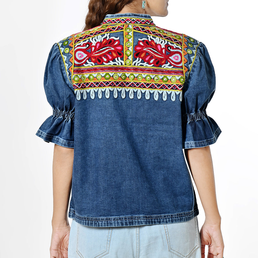 American Darling Women's Embroidered Denim Jacket Boho Tribal Floral Jean Blazer with Puff Ruffle Sleeves Cowgirl Top