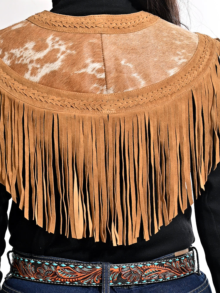 American Darling Western Apparel Hair On Genuine Leather Handcrafted Heritage Cape with Braided Accents and Fringes