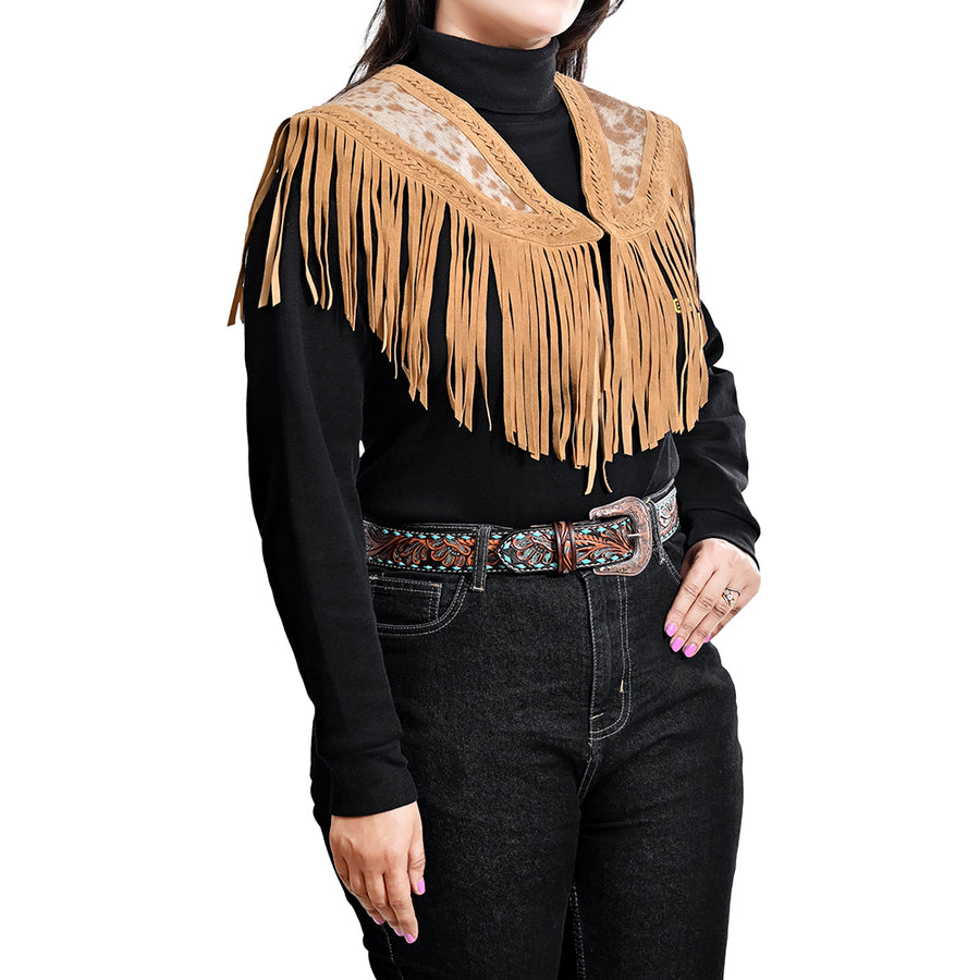American Darling Western Apparel Hair On Genuine Leather Handcrafted Heritage Cape with Braided Accents and Fringes