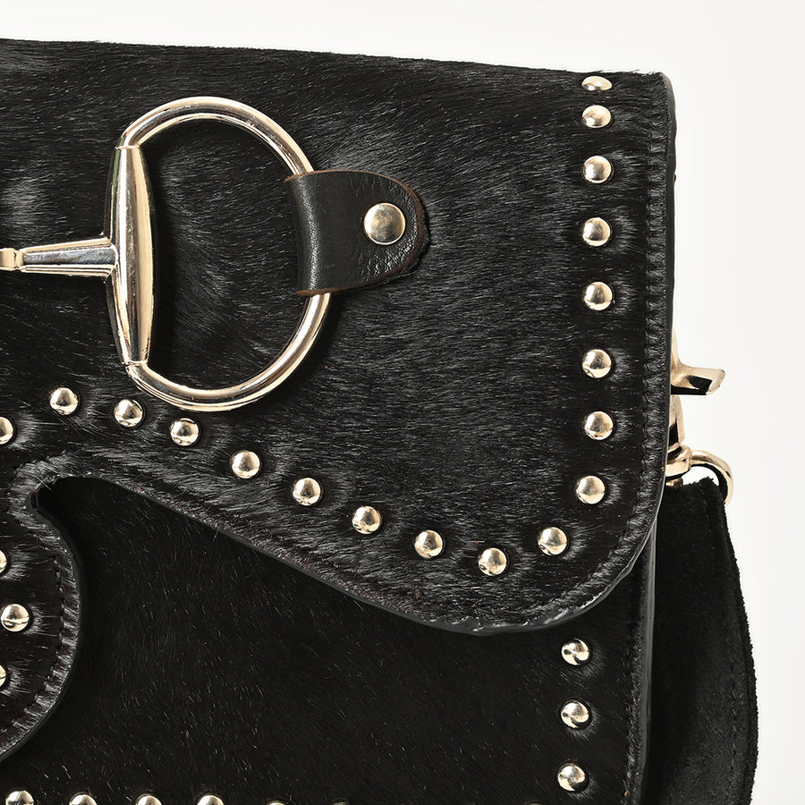 American Darling Hair-On Leather Crossbody Handbag for Women, Western Studded Flap Shoulder Style