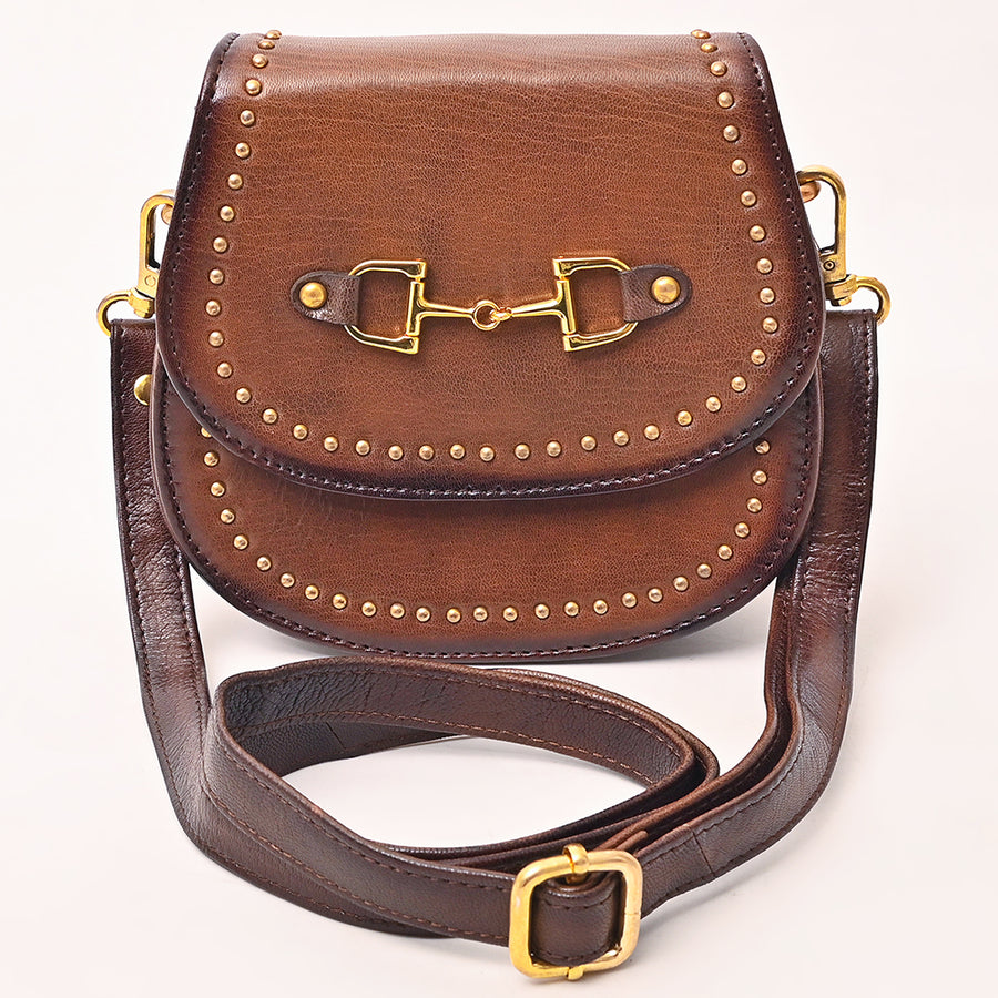 American Darling Western Cross body Bag Rivetted Genuine Full Grain Leather Handcrafted Purse with Equestrian Bit Detail