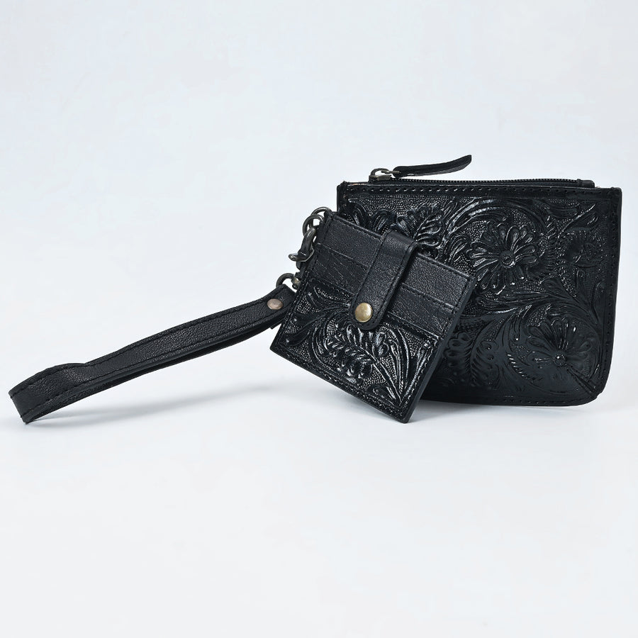 American Darling Coin Purse with card holder Western Hand-Tooled Genuine Leather Floral Carved Wallet with YKK Zipper