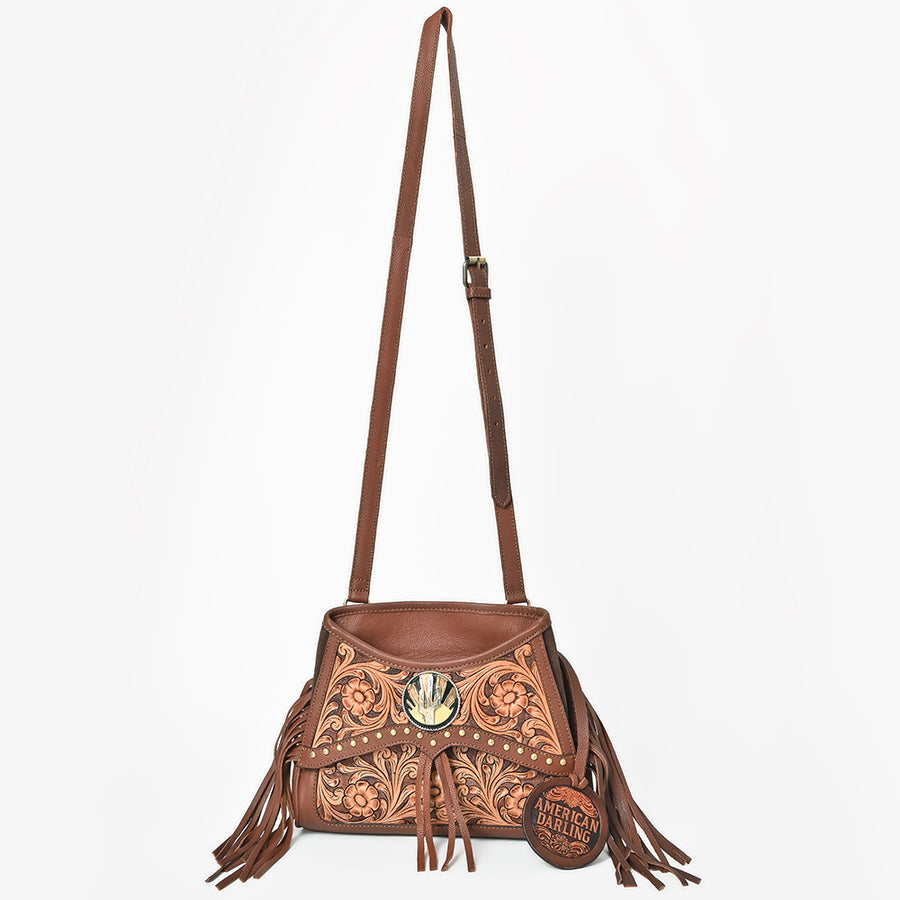 American Darling Bucket Bag for Women, Hand Tooled Floral Leather with Rivets & Fringes, Western Crossbody with YKK Zipper