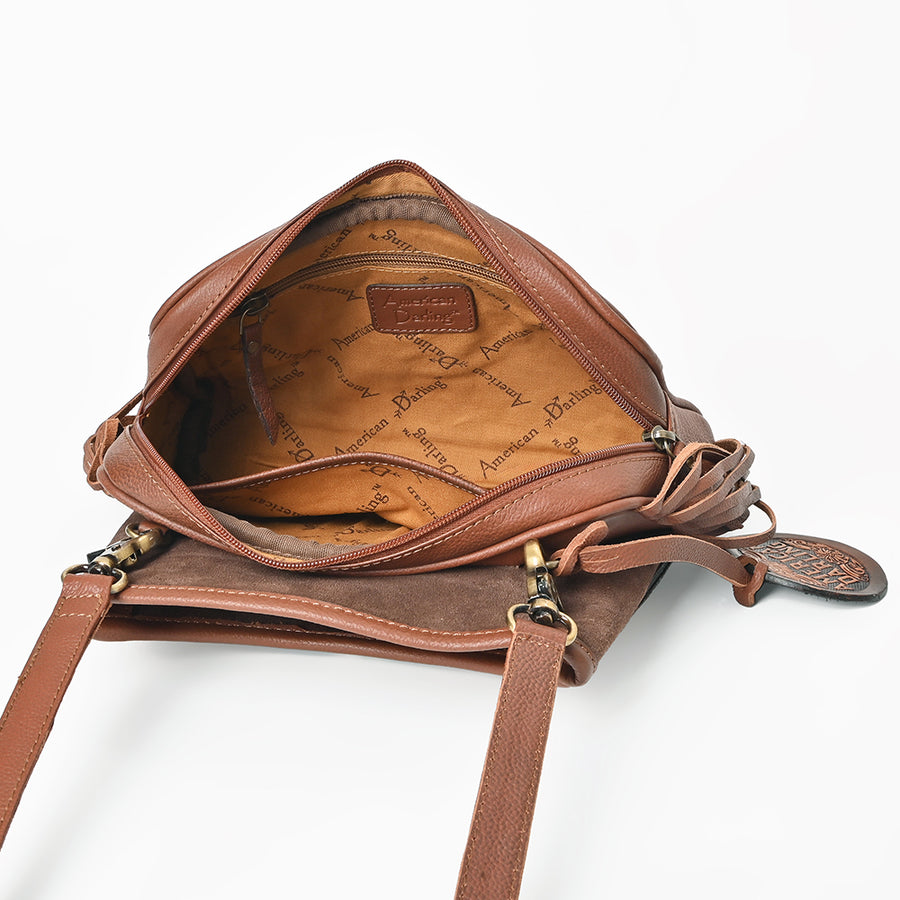 American Darling Bucket Bag for Women, Hand Tooled Floral Leather with Rivets & Fringes, Western Crossbody with YKK Zipper