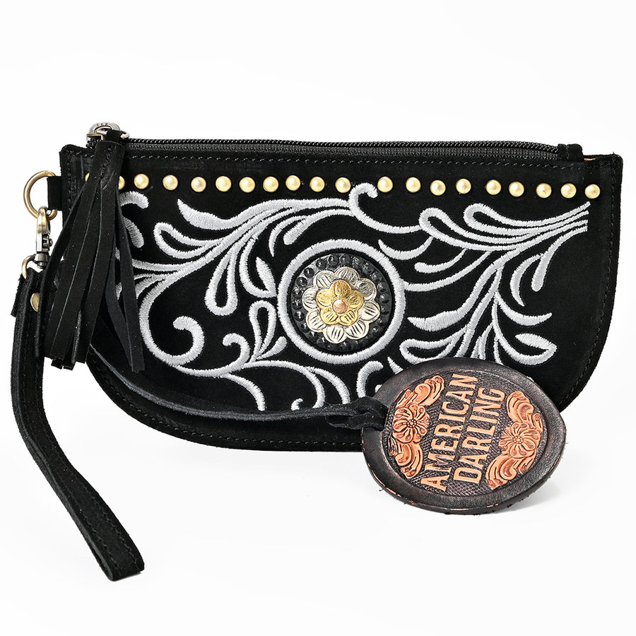 American Darling Rivetted Suede Leather Wristlet Bag Vegetable-Tanned Genuine Leather Western Purse with YKK Zipper