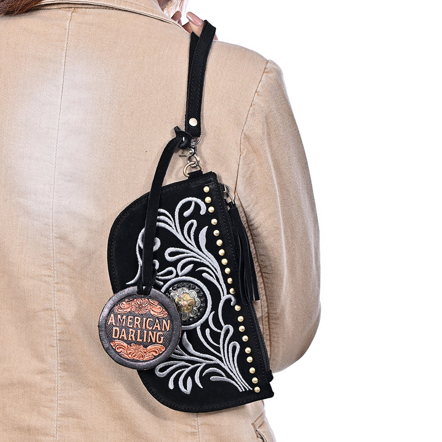 American Darling Rivetted Suede Leather Wristlet Bag Vegetable-Tanned Genuine Leather Western Purse with YKK Zipper