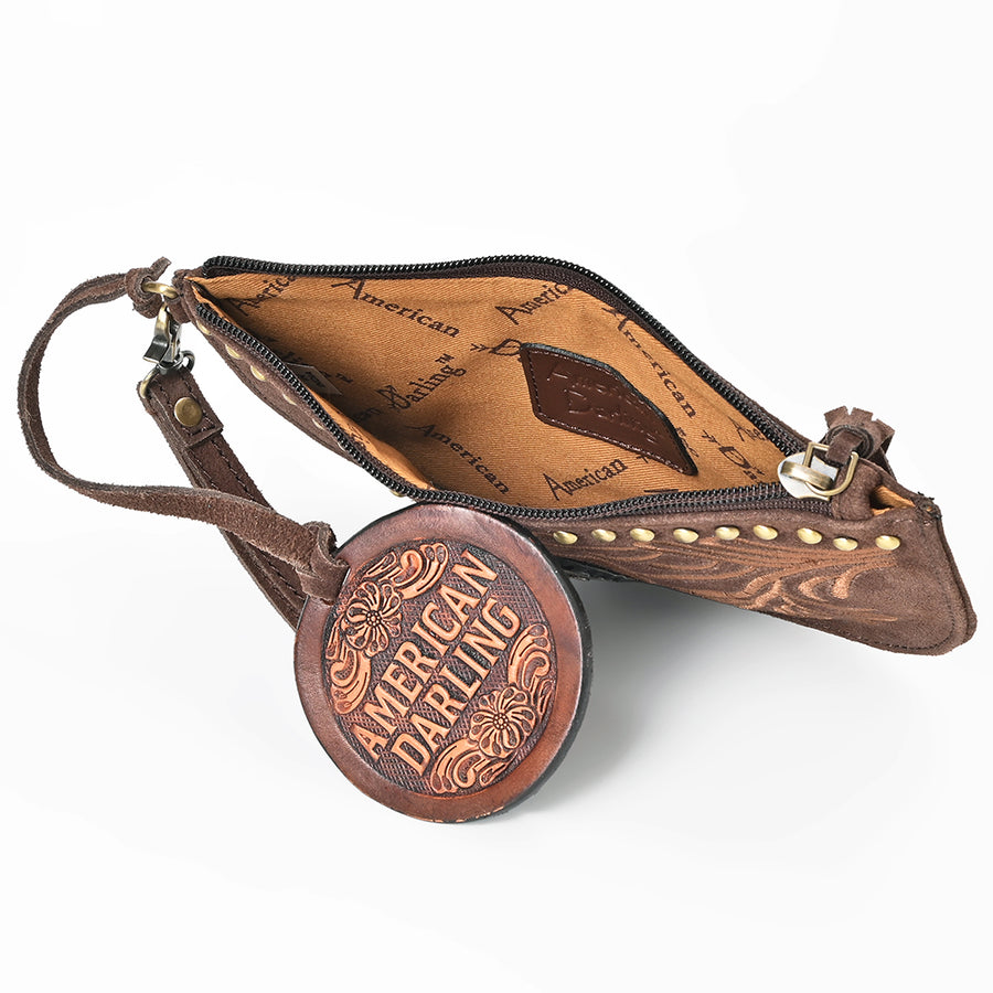 American Darling Rivetted Suede Leather Wristlet Bag Vegetable-Tanned Genuine Leather Western Purse with YKK Zipper