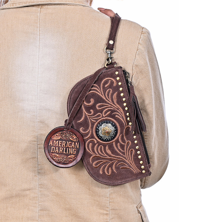 American Darling Rivetted Suede Leather Wristlet Bag Vegetable-Tanned Genuine Leather Western Purse with YKK Zipper