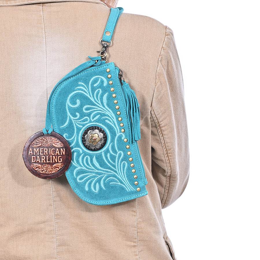 American Darling Rivetted Suede Leather Wristlet Bag Vegetable-Tanned Genuine Leather Western Purse with YKK Zipper
