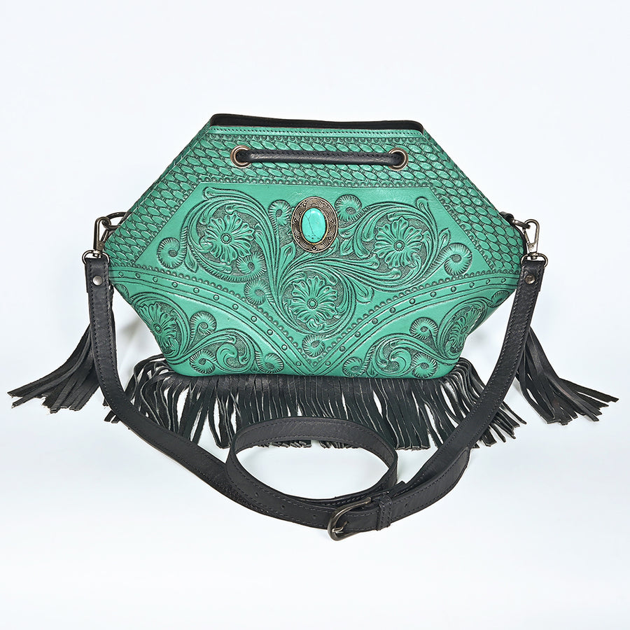 American Darling Bucket Bag Hand Tooled Floral Carved Genuine Leather Western Purse with Turquoise Concho Fringes Tassels