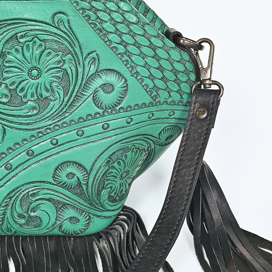 American Darling Bucket Bag Hand Tooled Floral Carved Genuine Leather Western Purse with Turquoise Concho Fringes Tassels