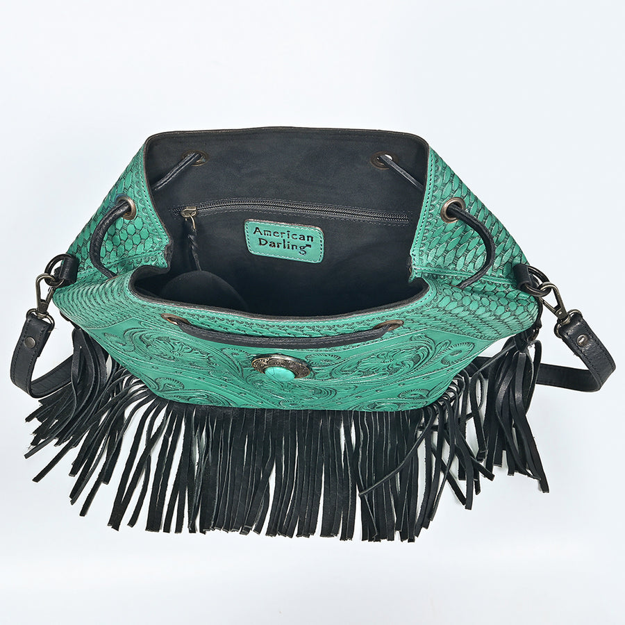 American Darling Bucket Bag Hand Tooled Floral Carved Genuine Leather Western Purse with Turquoise Concho Fringes Tassels