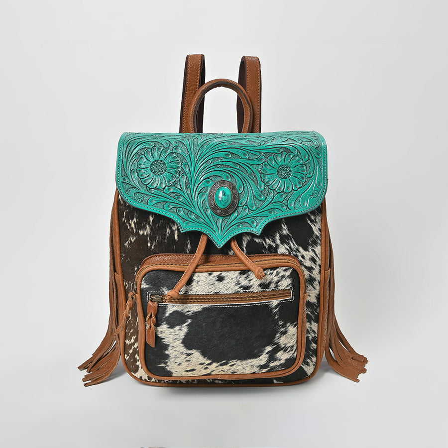 American Darling Western Cowhide & Turquoise Tooled Leather Fringe Backpack