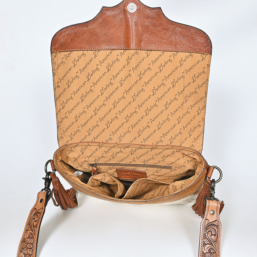 American Darling Cross body Bag Hand Tooled Floral Carved Genuine Leather Western Purse with Hair-On Cowhide and Fringes