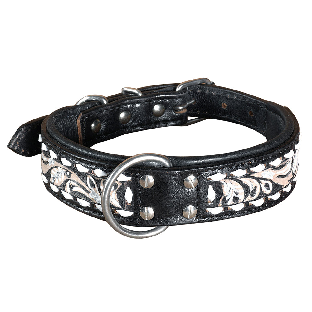 Small Hilason Heavy Duty Handpainted Genuine Leather Dog Collar Black with buckstich