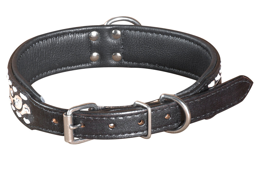 Small Hilason Heavy Duty Handpainted Genuine Leather Dog Collar Black with buckstich