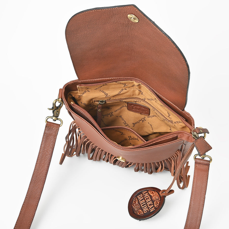 American Darling Cross body Bag Western Hand Tooled Floral Genuine Leather Purse with Fringes and YKK Zipper