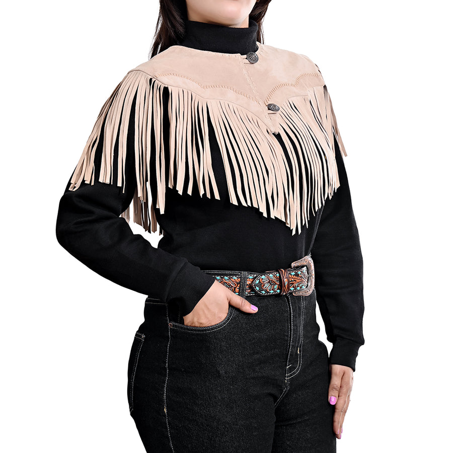 American Darling Women’s Genuine Suede Leather Fringe Vest - Western Cropped Cowgirl Yoke Tan Boho Fringe Cape
