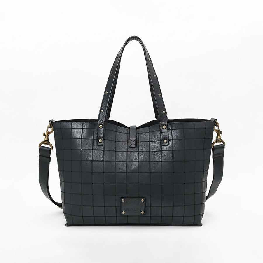 Spaghetti Western Leather Tote Bag for Women – Grid Pattern Genuine Leather Crossbody Shoulder Bag