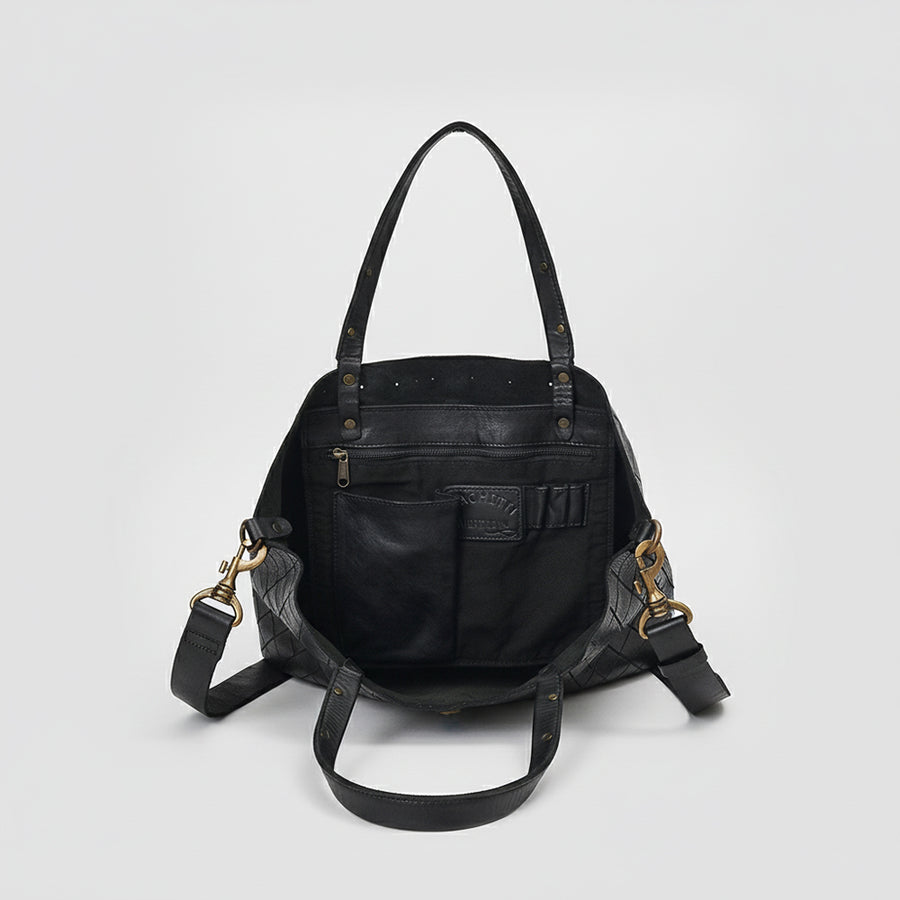 Spaghetti Western Leather Tote Bag for Women – Grid Pattern Genuine Leather Crossbody Shoulder Bag