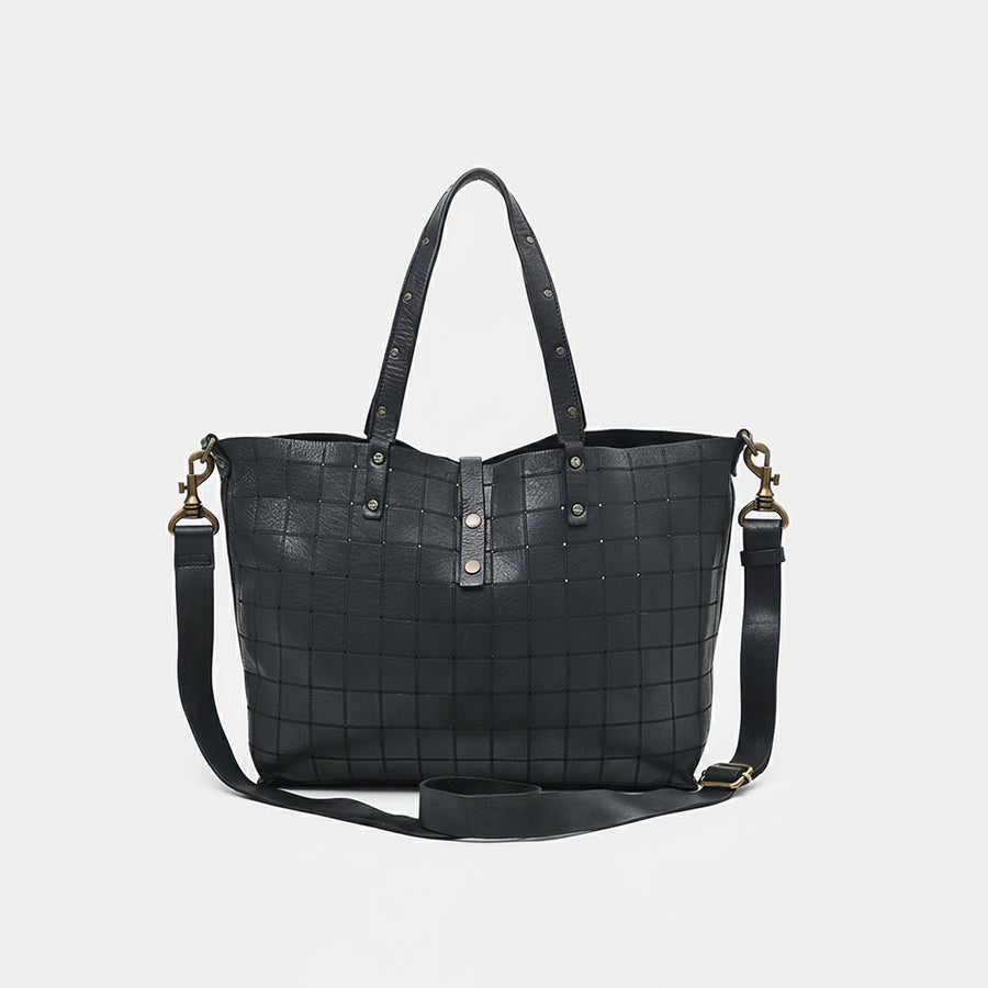 Spaghetti Western Leather Tote Bag for Women – Grid Pattern Genuine Leather Crossbody Shoulder Bag